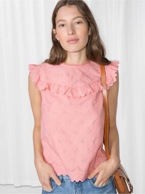 & Other Stories Pink Smocked Eyelet Ruffle Blouse: SZ 6